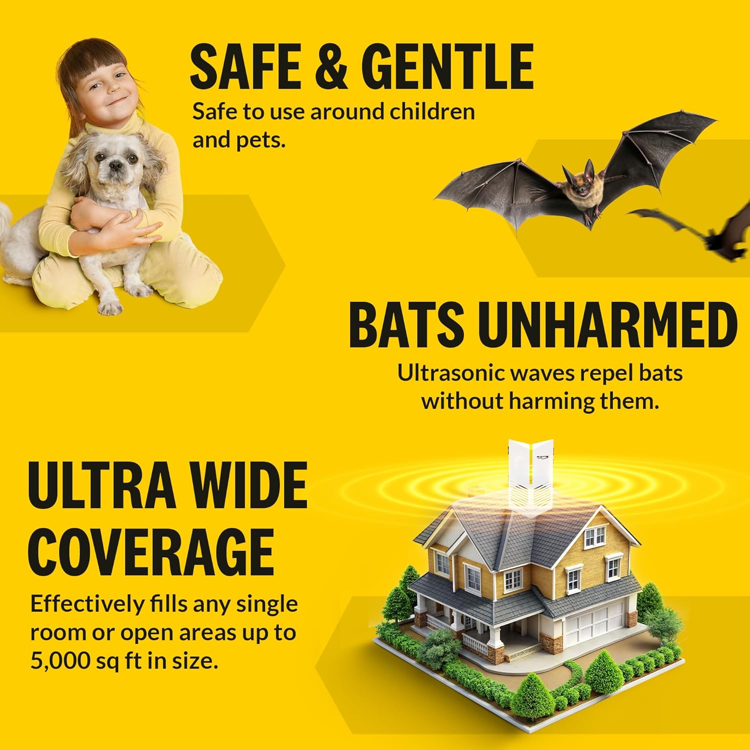 Ultrasonic Bat Exclusion System with text about safety, bat harm reduction, and coverage area