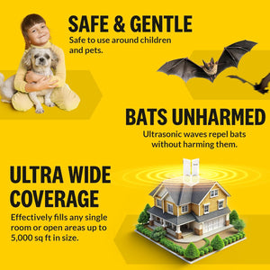 Ultrasonic Bat Exclusion System with text about safety, bat harm reduction, and coverage area