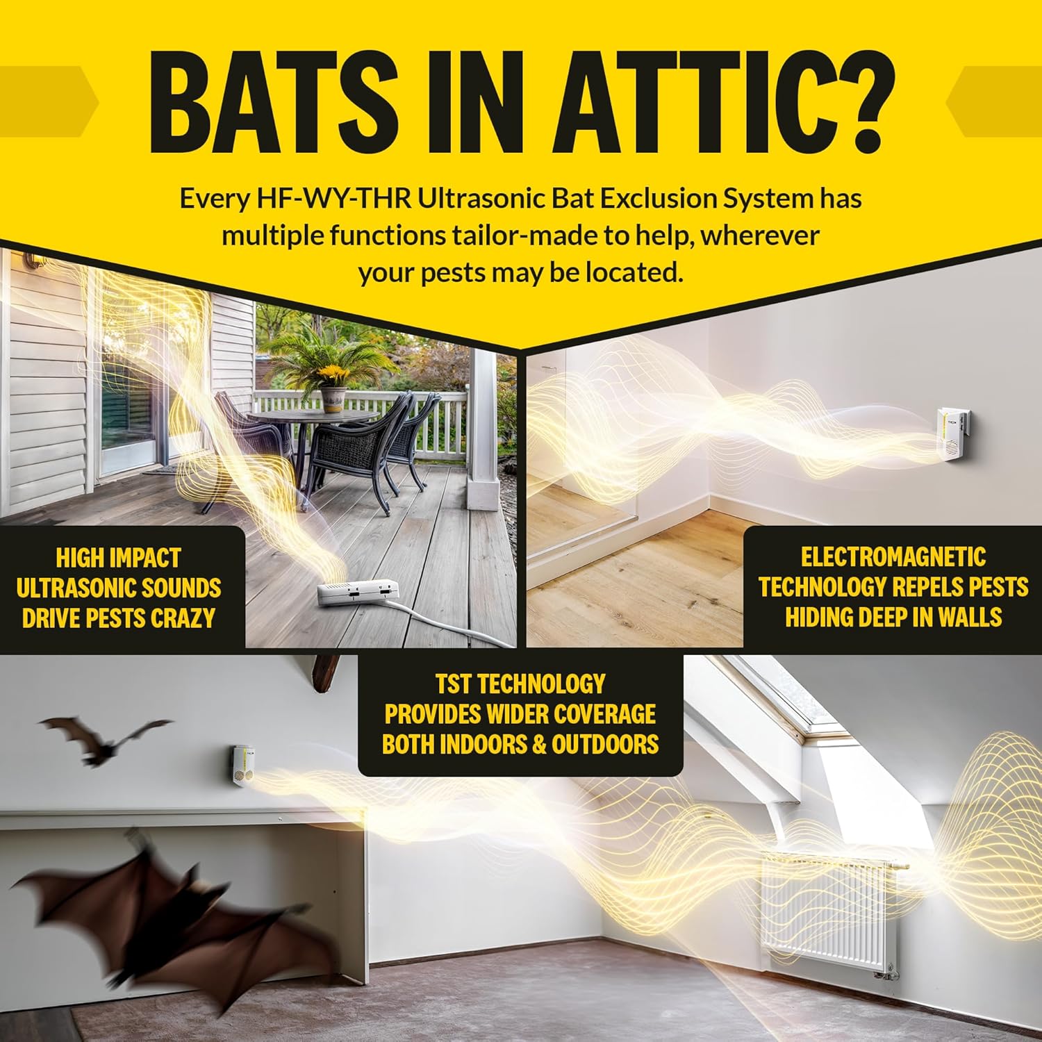 ultrasonic bat exclusion system with images of bats and sound waves.