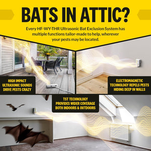 ultrasonic bat exclusion system with images of bats and sound waves.