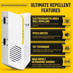 White Ultrasonic Bat Exclusion System , featuring text about its repellent features.