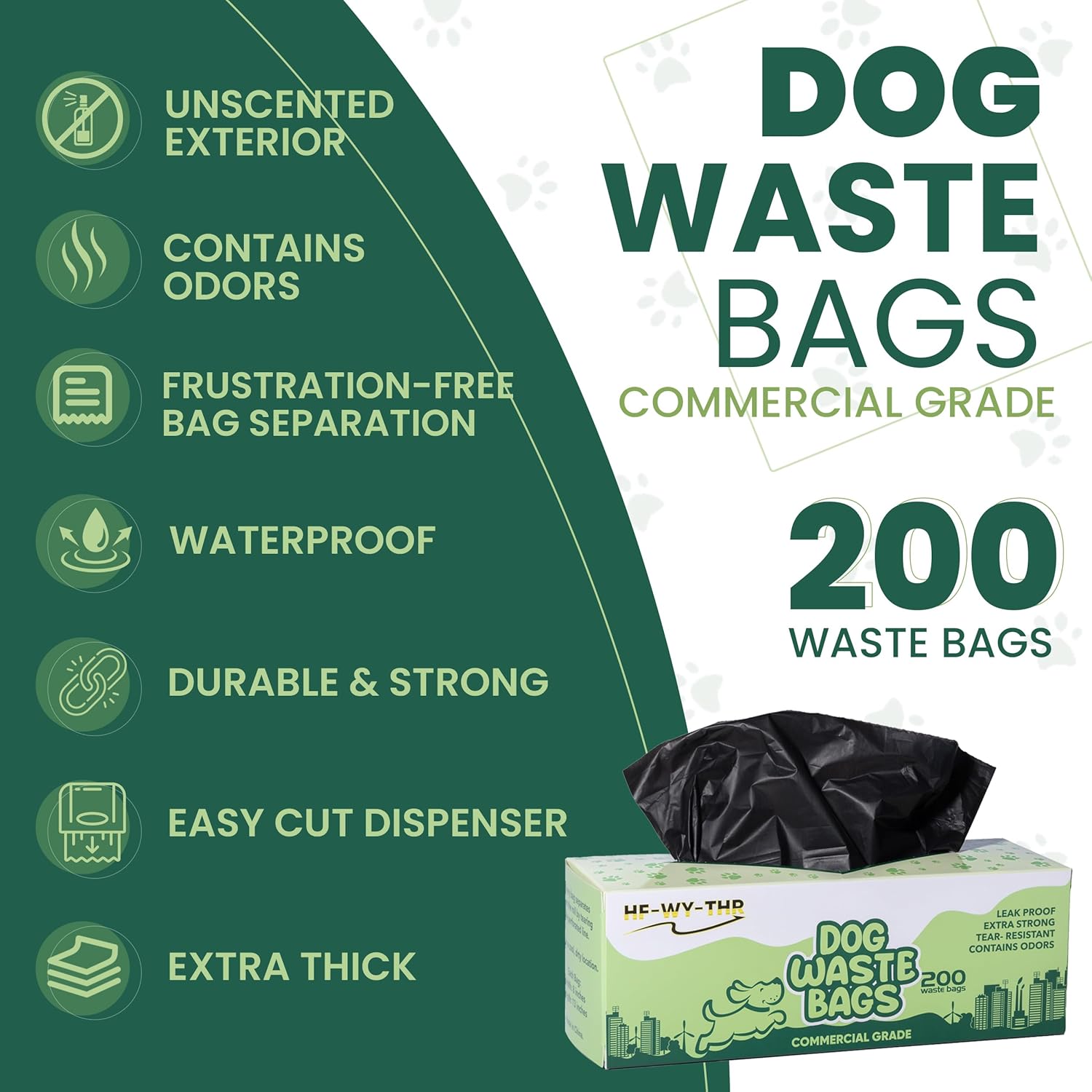 Dog waste bags packaging with features listed