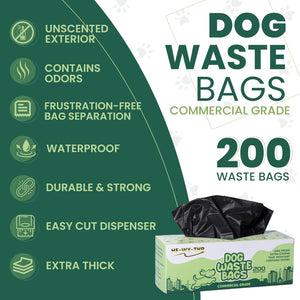 Dog waste bags packaging with features listed